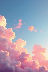 Pastel pink clouds scattered against a blue-sky background with shades of gold at sunset, clouds, natural