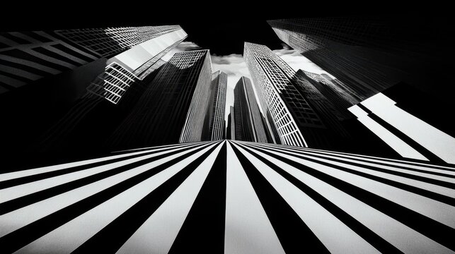 Fototapeta Cityscape, upward perspective, black and white, converging lines, urban background, architectural design
