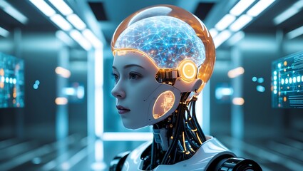 Cybernetic AI Humanoid with an Illuminated Brain, Representing Deep Learning and Machine Intelligence