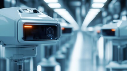 Sleek, modern robots equipped with advanced cameras line up in a high tech laboratory, emphasizing innovation and automation in robotics and artificial intelligence