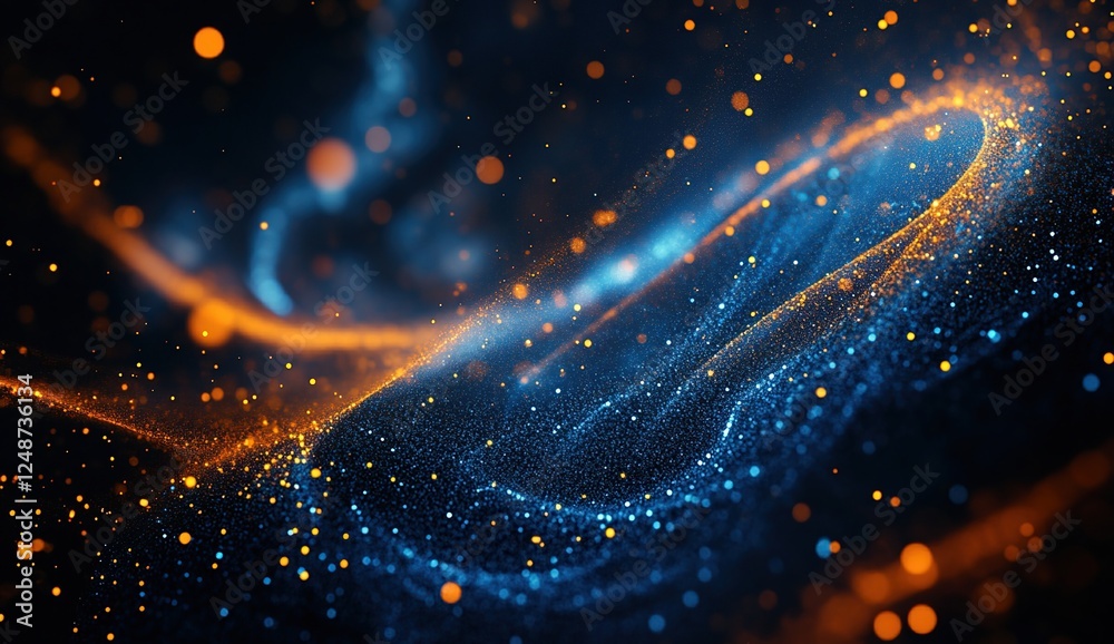 Poster abstract blue and orange particle waves flowing dynamically across the screen, creating a mesmerizin