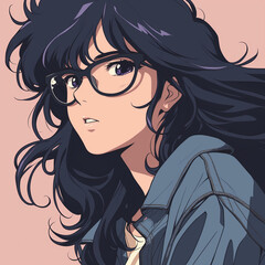 メガネの美少女&times;80sスタイル｜鮮やかな配色のレトロポップイラスト。日本のアニメをモチーフにした、アイコンにも使える素材。1 into 1 Ratio Size,square size 1:1