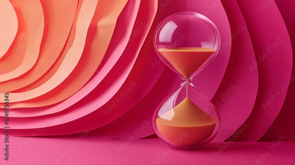 Aufkleber a sophisticated hourglass stands tall on vibrant paper, filled with golden sand flowing gracefully. 