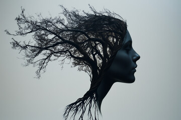 A split image of half a head and half a root, symbolizing therapy and the deep connection to one's core or origins.