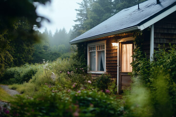 Abandoned house surrounded by overgrown plants in a misty forest setting during twilight