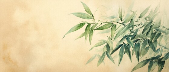 Detailed Pencil Sketch of a Bamboo Barrier Adorned with Green Leaves on a Subtle Background
