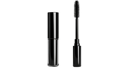 A single mascara tube, isolated on a transparent background, showcasing its elegant packaging and thick brush for volumizing lashes.