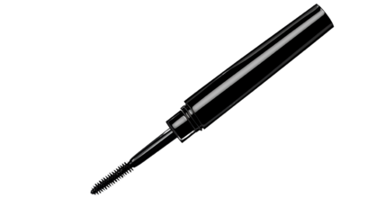 A single tube of liquid eyeliner, isolated on a transparent background, showing its sharp applicator and intense black color
