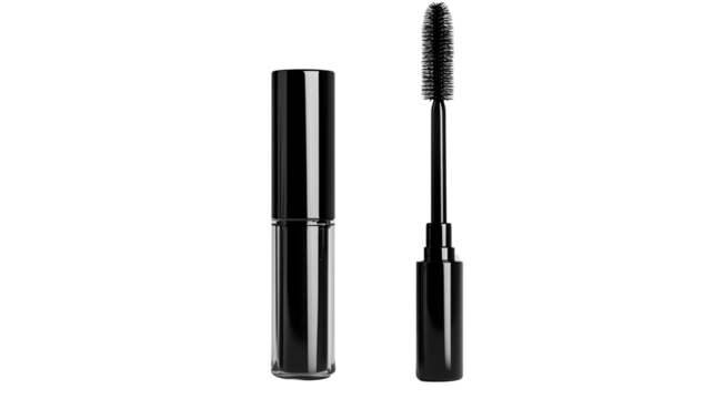 A single mascara tube, isolated on a transparent background, showcasing its elegant packaging and thick brush for volumizing lashes.
