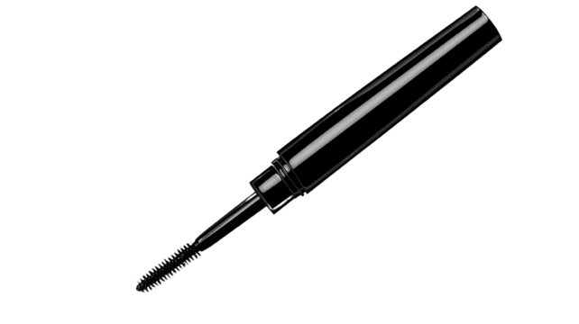 A single tube of liquid eyeliner, isolated on a transparent background, showing its sharp applicator and intense black color