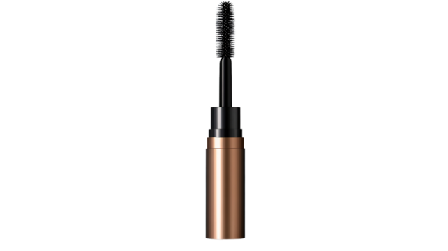 A single mascara tube, isolated on a transparent background, showcasing its elegant packaging and thick brush for volumizing lashes