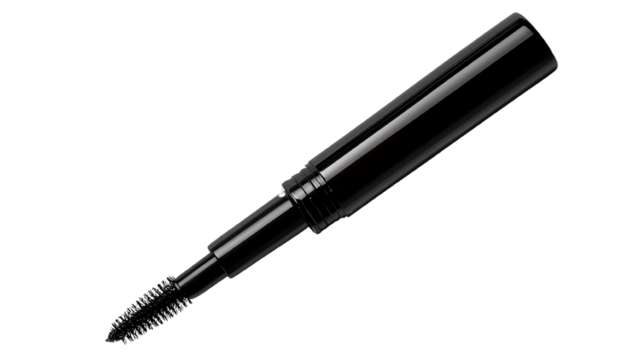 A single tube of liquid eyeliner, isolated on a transparent background, showing its sharp applicator and intense black color.