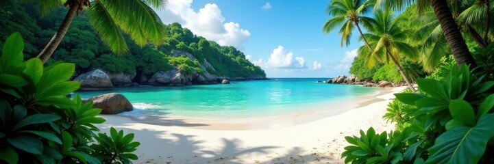 Fototapeta premium Lush jungle meets turquoise ocean, white sand beach , travel, vacation, sunlight