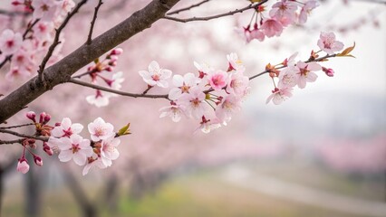 Fototapeta premium soft focus photo of blooming cherry tree, soft focus photography, gentle hues, delicate petals, floral images, soft light