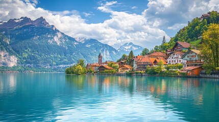 Fototapeta premium A tranquil view of the scenic Interlaken, nestled between Lake Thun and Lake Brienz, with the surrounding mountains in the distance.