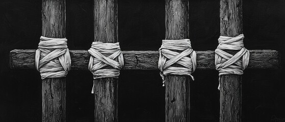 Vertical Pencil Drawing of Prison Bars Wrapped with White Fabric in Black Background