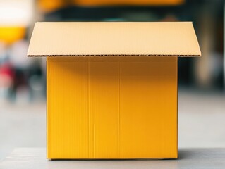 A close-up of a yellow cardboard box in an urban setting, perfect for packaging and delivery concepts.