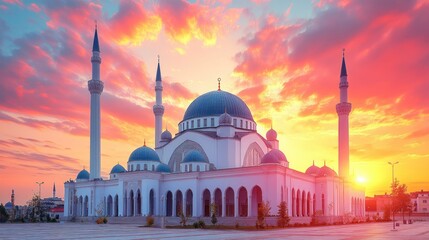 Fototapeta premium Majestic Mosque at Sunset: A Breathtaking View of Architectural Grandeur