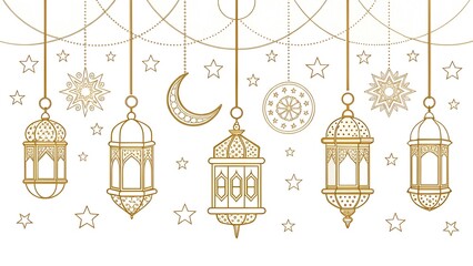 Fototapeta premium Elegant Golden Ramadan Lanterns with Crescent Moon and Stars