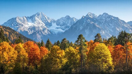 A vibrant autumn scene in the Swiss Alps, with trees showcasing a rainbow of fall colors and towering mountains in the background.