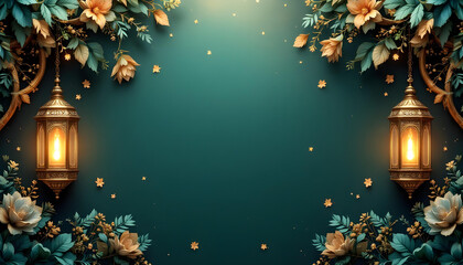 A beautifully designed Ramadan Kareem invitation card with a dark green background, glowing golden lanterns, and symmetrical floral motifs. The central blank space allows for inserting quotes, prayers