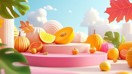 Colorful fruit display in playful arrangement.