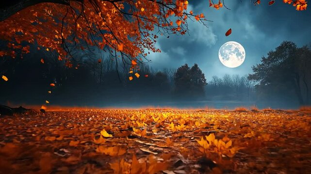 Serene autumn landscape featuring vibrant orange leaves falling under a full moon at night