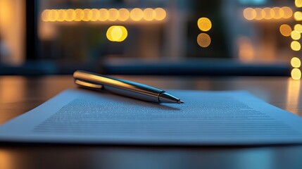 Elegant Pen Resting on Contract Document in Warm Ambient Lighting