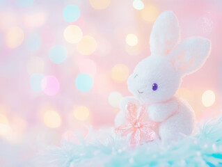 Fototapeta premium soft white plush bunny holding pink flower sits against dreamy pastel background with bokeh lights, creating warm and whimsical atmosphere