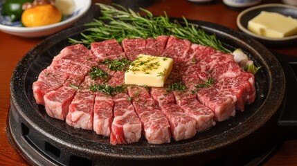 Fototapeta premium A wagyu beef steak sizzling in a hot pan, surrounded by butter and fresh herbs.