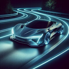 Fototapeta premium futuristic silver sports car in motion on a winding road at night 