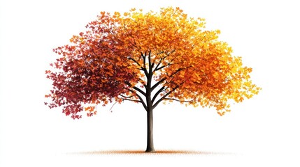 Autumn tree, seasonal color change, white background, nature