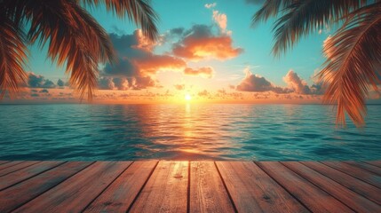 Serene Tropical Sunset: A Wooden Deck Overlooking a Tranquil Ocean Paradise