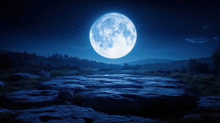 Full moon over rocky landscape at night.