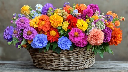 Fototapeta premium Colorful summer flower basket on rustic wood