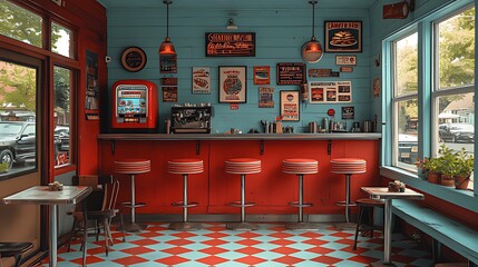 Retro Diner Interior, Red Stools, Street View, Lunchtime
