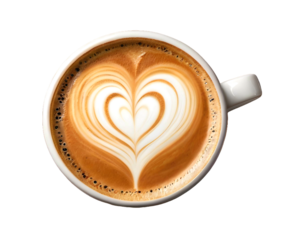 Coffee latte love heart shape foam isolated on white cup transparent png cutout on white background