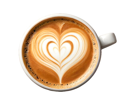 Coffee latte love heart shape foam isolated on white cup transparent png cutout on white background