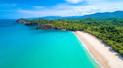 Fototapeta premium Aerial view of a secluded beach with turquoise waters, rugged cliffs, and lush greenery, exotic paradise, travel destination, vibrant natural beauty