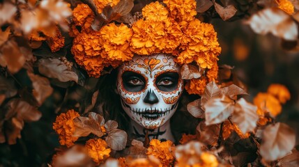 A person with sugar skull makeup, surrounded by vibrant orange flowers, creating a visually striking image.