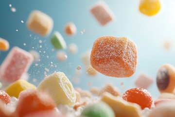 Colorful candy pieces float in the air amidst a backdrop of soft pastel colors and sugar dust