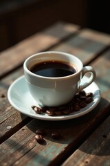 Obraz premium Small espresso cup, coffee beans on weathered wooden table Warm lighting , cozy, beans, coffee
