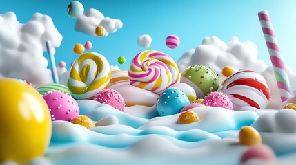 Candy land theme park, giant sweets, pastel colors, 3D illustration