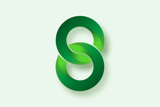 3D green number eight, double zero or infinity logo design template. Waves symbol isolated on white Background. Vector illustration element for Branding Business and Technology Logos