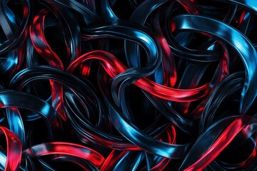 Red and blue abstract swirls on black background. Neural network AI generated