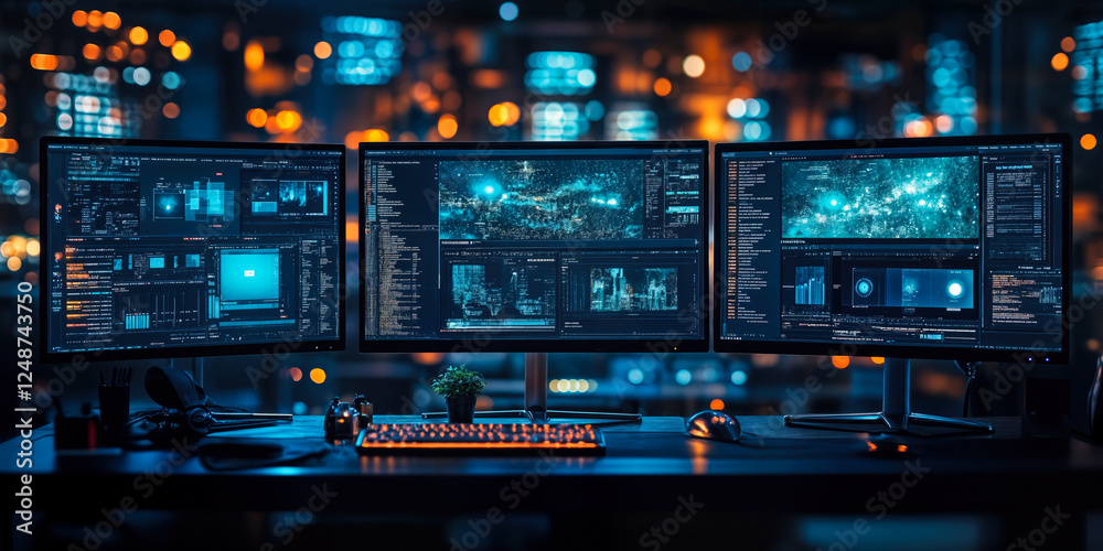 Poster digital content creation workspace with multiple monitors showcasing automated media production and 