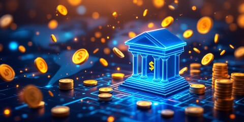 A vibrant image showcasing a stylized, glowing blue bank building on a futuristic circuit board
