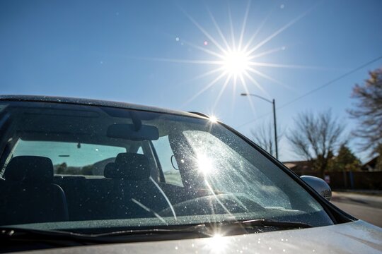 car windshield under blazing hot sun. Summer heat in city