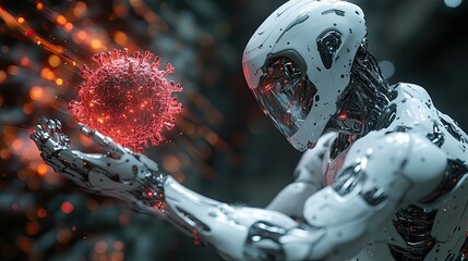 Futuristic humanoid robot interacting with a glowing virus in a high-tech environment