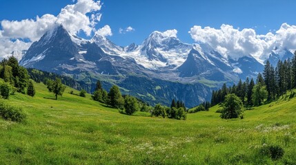 Fototapeta premium The Bernese Oberland, showcasing the beautiful rolling hills, lush meadows, and towering snow-capped peaks.